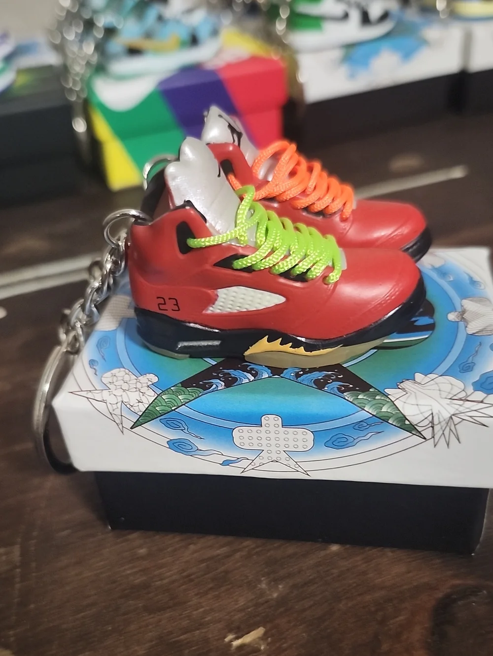 Jordan 5 Mini Sneskers Red Sneaker Keychain with Neon Laces - Unbranded
